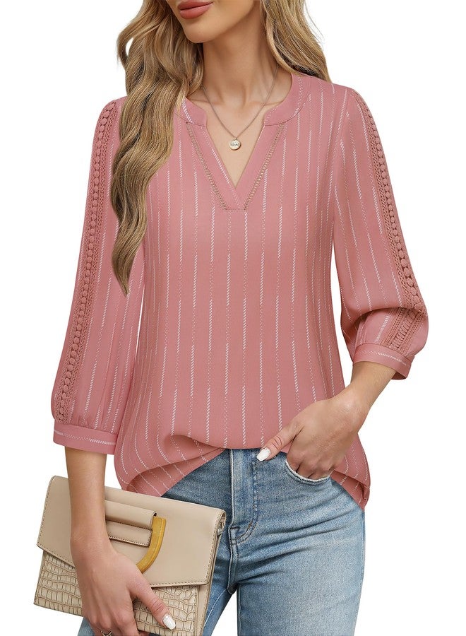 Unixseque Office Blouses for Women for Work V Neck Business Casual Tops Loose Fit Work Shirts Tunic Blouses Top Elegant Flowy Office Shirts Blouse Trendy 2024 Ladies Office Tops Fashion Pink Stripe M - Image 2